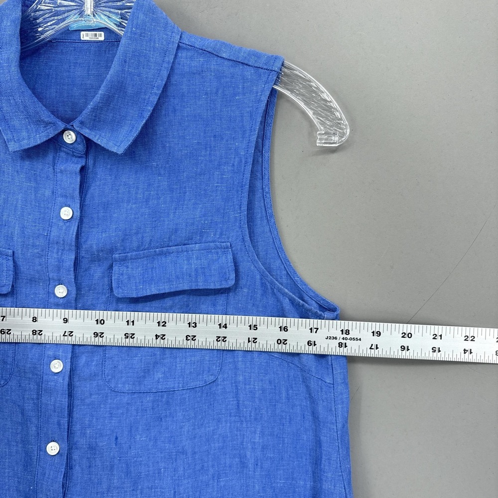 J McLaughlin Dress Small Blue Linen Sleeveless Shirt Collared Pockets Resort - Picture 7 of 10
